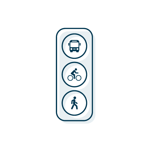 A blue traffic light icon with a bicycle, bus, and pedestrian icons.
