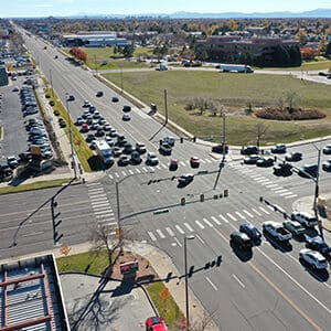 An aerial view of a busy intersection on Havana Street.
