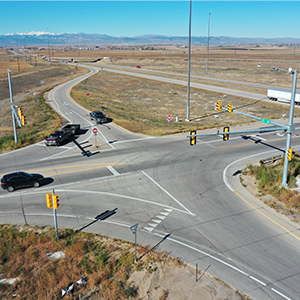 An aerial view of the intersection of US 34 and CO 257.